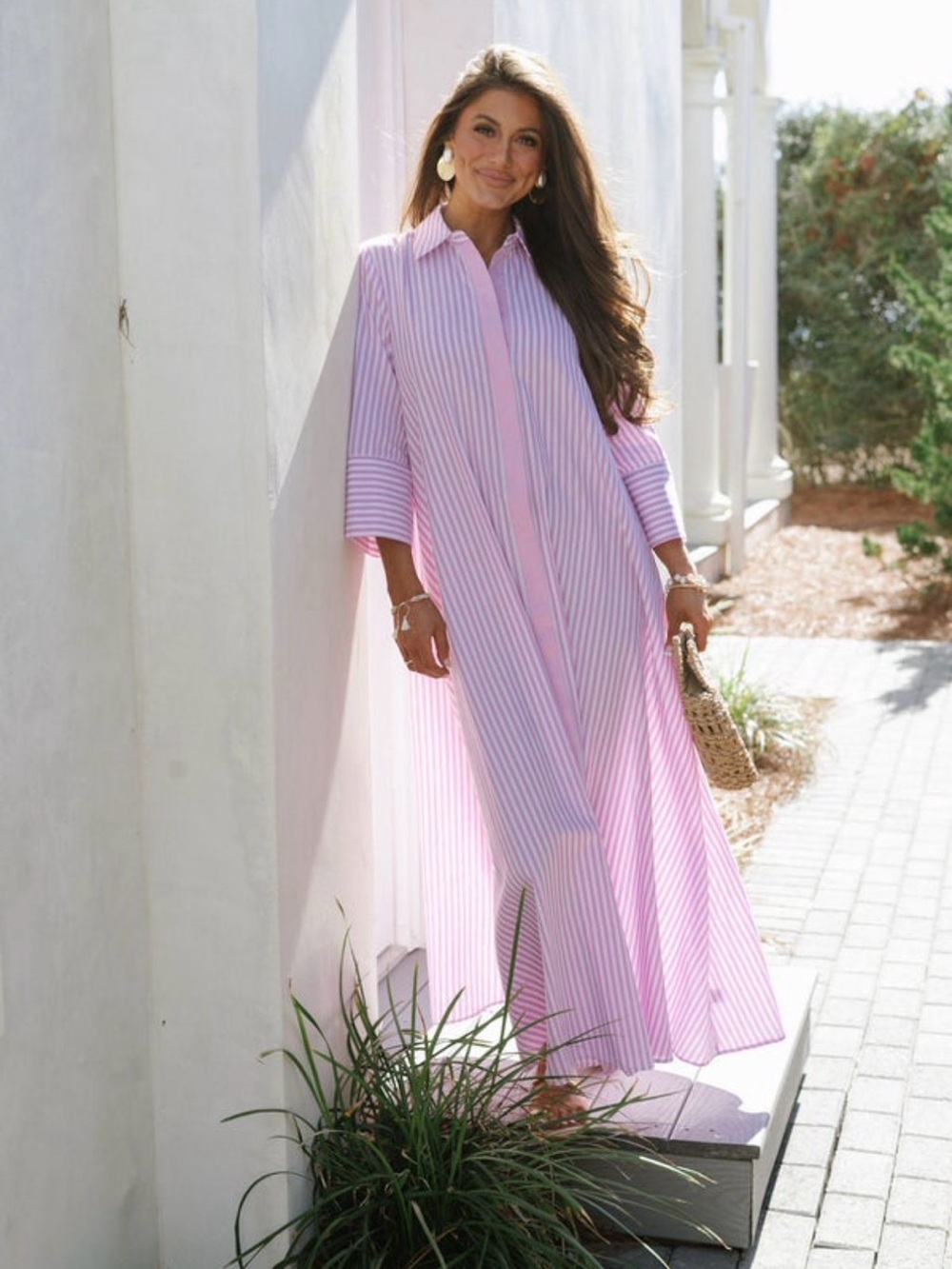 Women's Pink Striped Maxi Shirt Dress